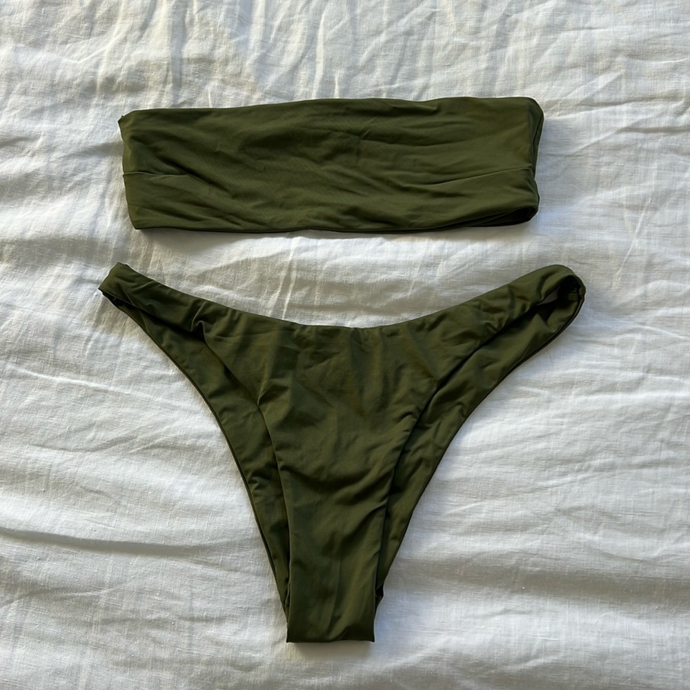 Toast Swim Bandeau Top & High Hip Bikini Bottom in Chive Green